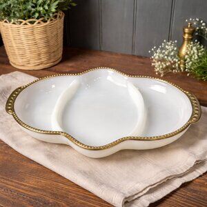 Vintage Fire King Milk Glass Divided Serving Dish with Gold Rim Beaded Edge